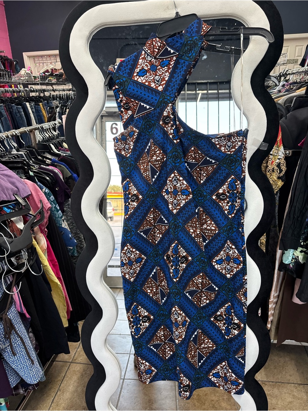 D’IYANU One-Shoulder Blue & Brown Printed Sheath Dress